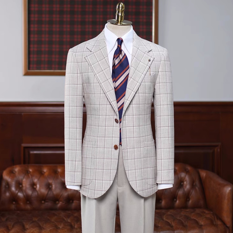 Simple Gray Notched Lapel Plaid Business Suits For Men