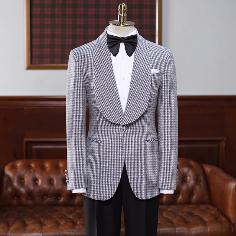 Stylish Black Plaid Shawl Lapel Wedding Suits For Men-BMbridal
