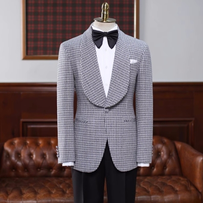 Stylish Black Plaid Shawl Lapel Wedding Suits For Men-BMbridal