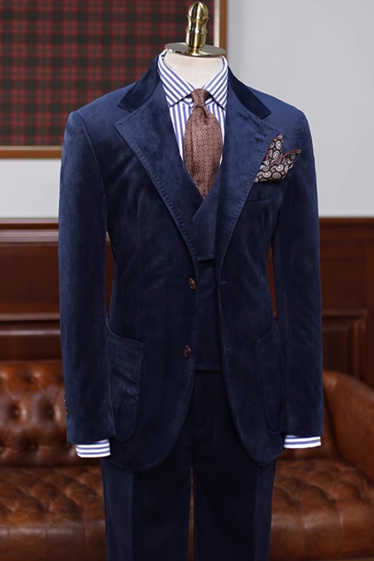 New Arrival Navy Blue Notched Lapel Three Pieces Velvet Prom Suits-BMbridal
