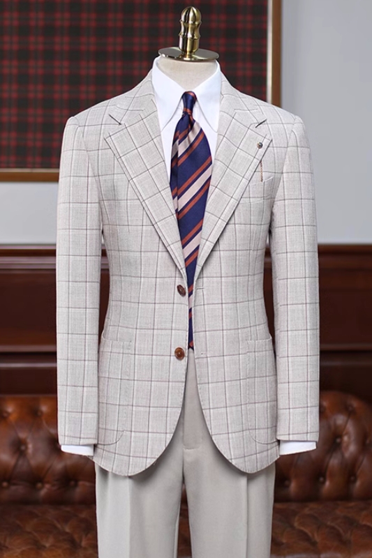Simple Gray Notched Lapel Plaid Business Suits For Men
