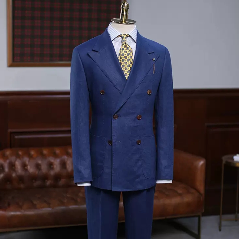 Modern Dark Blue Peaked Lapel Double Breasted Prom Suits-BMbridal