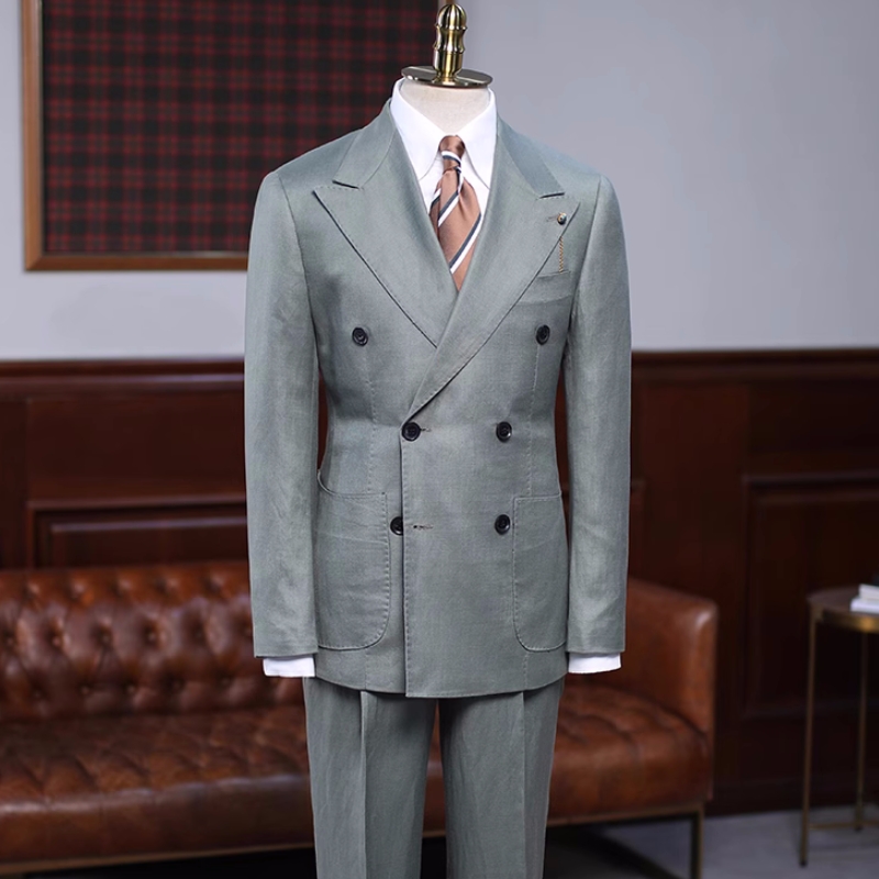 Newest Sage Peaked Lapel Double Breasted Prom Suits-BMbridal