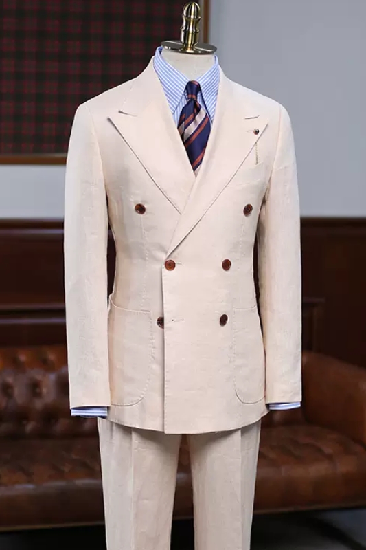 Handsome Nude Pink Peaked Lapel Double Breasted Prom Suits-BMbridal