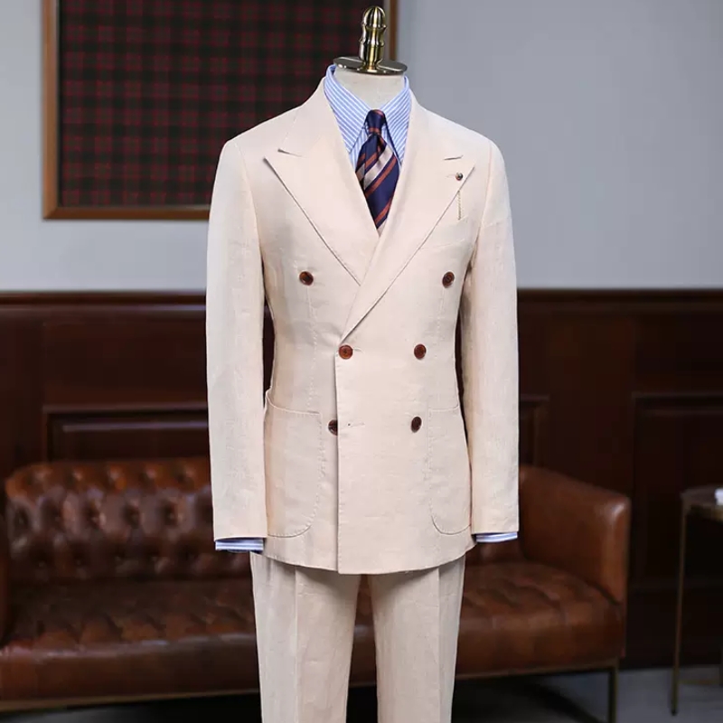 Handsome Nude Pink Peaked Lapel Double Breasted Prom Suits-BMbridal