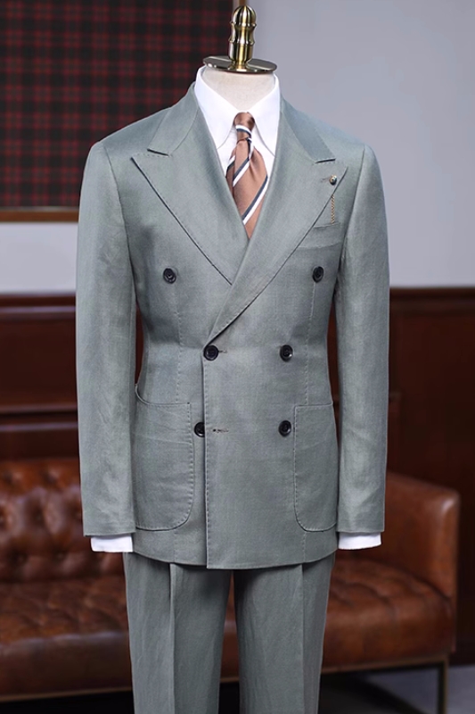 Newest Sage Peaked Lapel Double Breasted Prom Suits-BMbridal