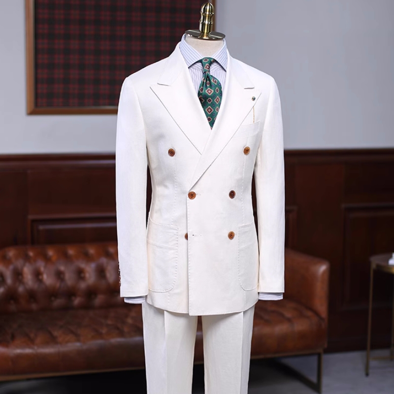Simple White Peaked Lapel Double Breasted Prom Suits-BMbridal