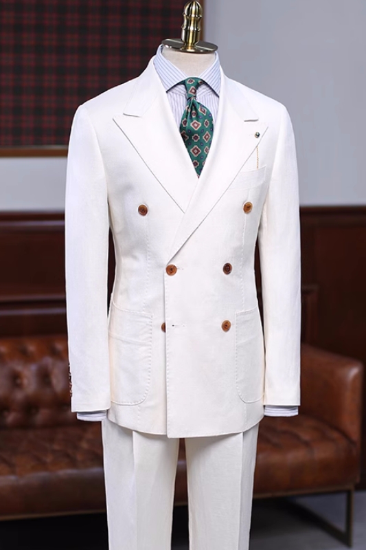 Simple White Peaked Lapel Double Breasted Prom Suits-BMbridal