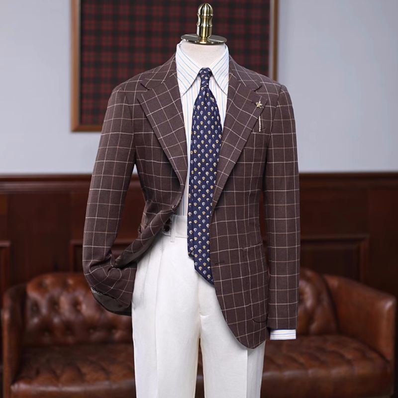 Stylish Brown Plaid Notched Lapel Prom Suits-BMbridal