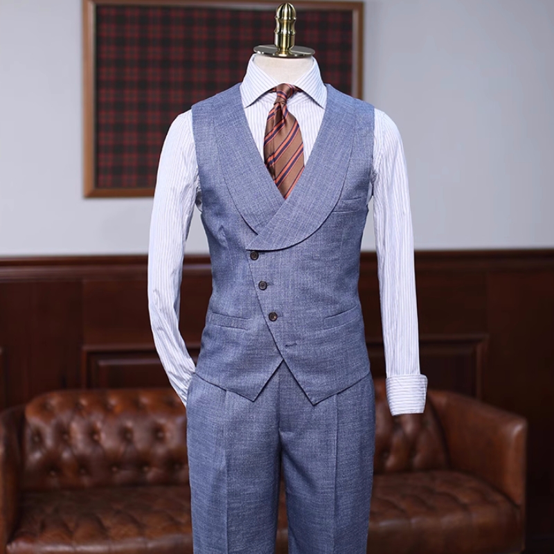 Chic Blue Notched Lapel Three Pieces Business Suits-BMbridal