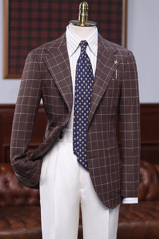 Stylish Brown Plaid Notched Lapel Prom Suits-BMbridal