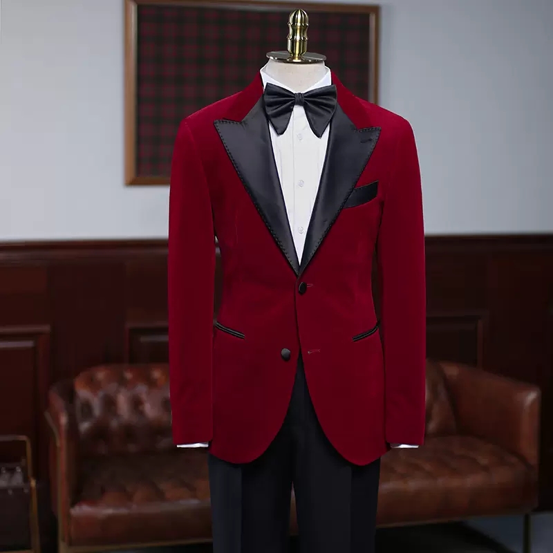 Fashion Burgundy Peaked Lapel Velvet Prom Suits-BMbridal