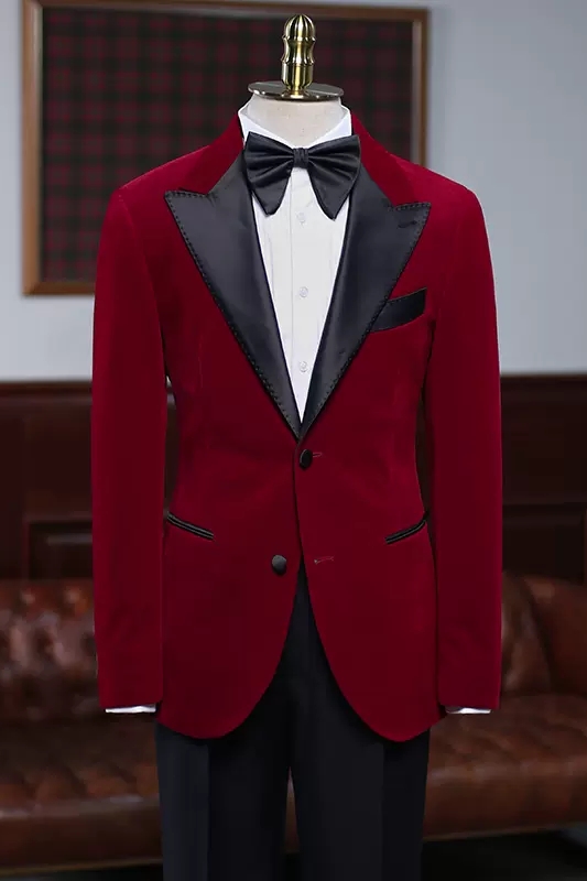 Fashion Burgundy Peaked Lapel Velvet Prom Suits-BMbridal