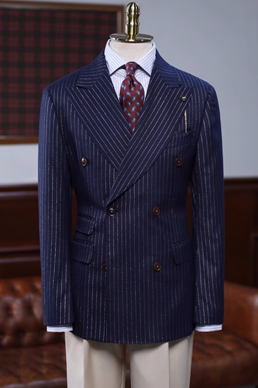 Decent Navy Blue Peaked Lapel Double Breasted Striped Prom Suits-BMbridal