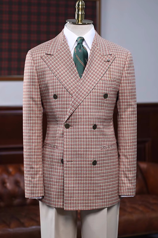 Generous Rufous Peaked Lapel Double Breasted Plaid Prom Suits-BMbridal
