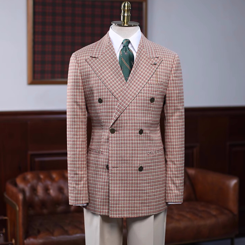 Generous Rufous Peaked Lapel Double Breasted Plaid Prom Suits-BMbridal