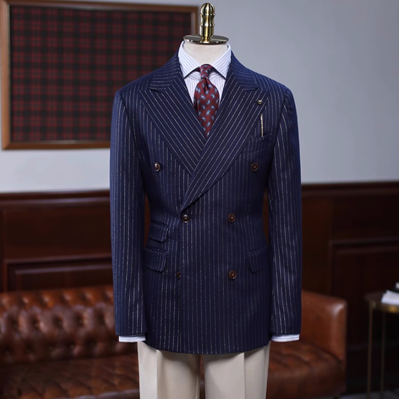 Decent Navy Blue Peaked Lapel Double Breasted Striped Prom Suits-BMbridal