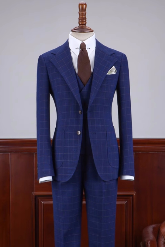 Stylish Dark Blue Plaid Notched Lapel Three Pieces Business Suits-BMbridal