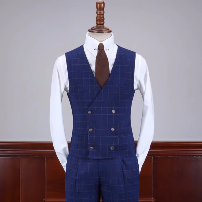 Stylish Dark Blue Plaid Notched Lapel Three Pieces Business Suits-BMbridal