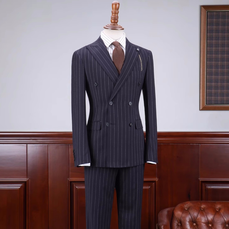 Special Navy Blue Striped Peaked Lapel Double Breasted Business Suits-BMbridal