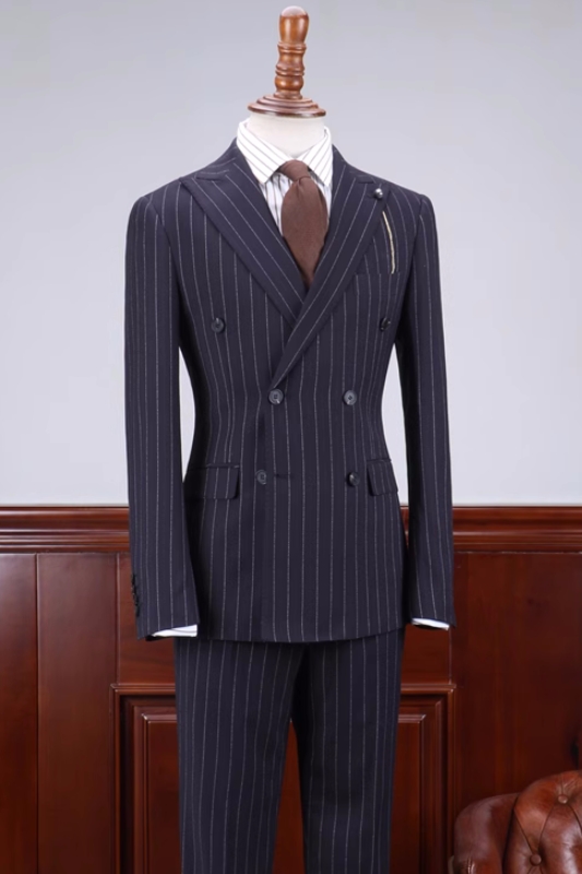 Special Navy Blue Striped Peaked Lapel Double Breasted Business Suits-BMbridal