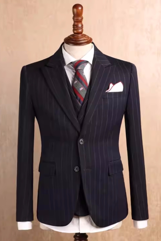 Gentle Black Striped Peaked Lapel Three Pieces Business Suits-BMbridal