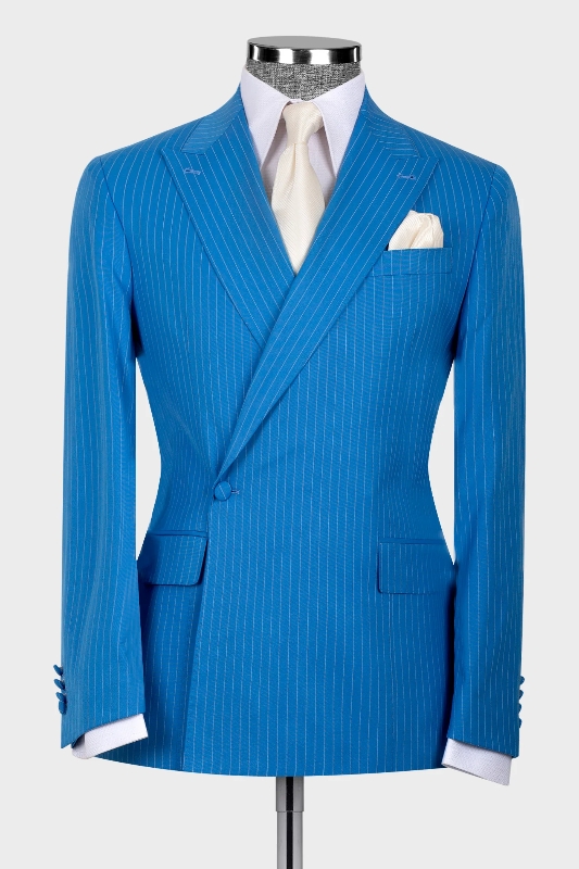 Generous Blue Striped Peaked Lapel Bespoke Prom Suits-BMbridal