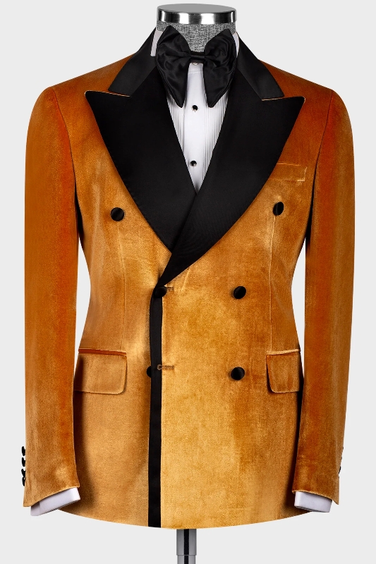Gorgeous Gold Peaked Lapel Double Breasted Velvet Prom Suits-BMbridal