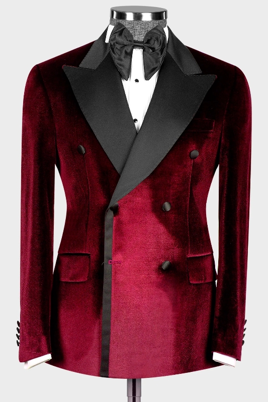Gorgeous Burgundy Peaked Lapel Double Breasted Velvet Prom Suits-BMbridal