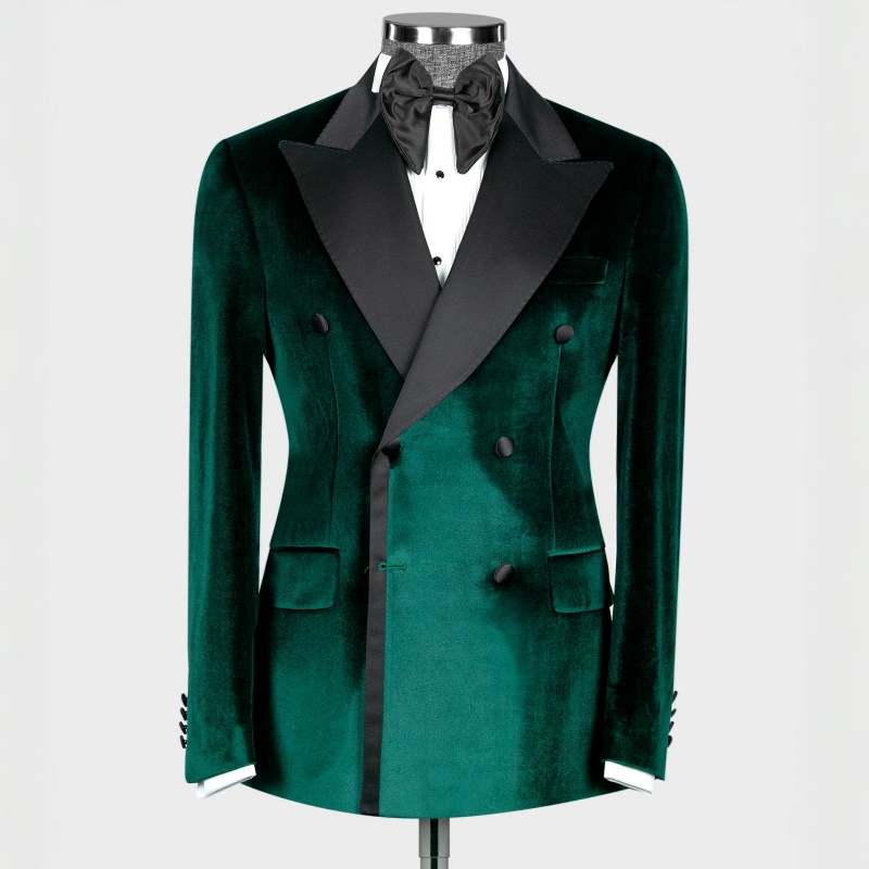 Modern Dark Green Peaked Lapel Double Breasted Velvet Prom Suits-BMbridal
