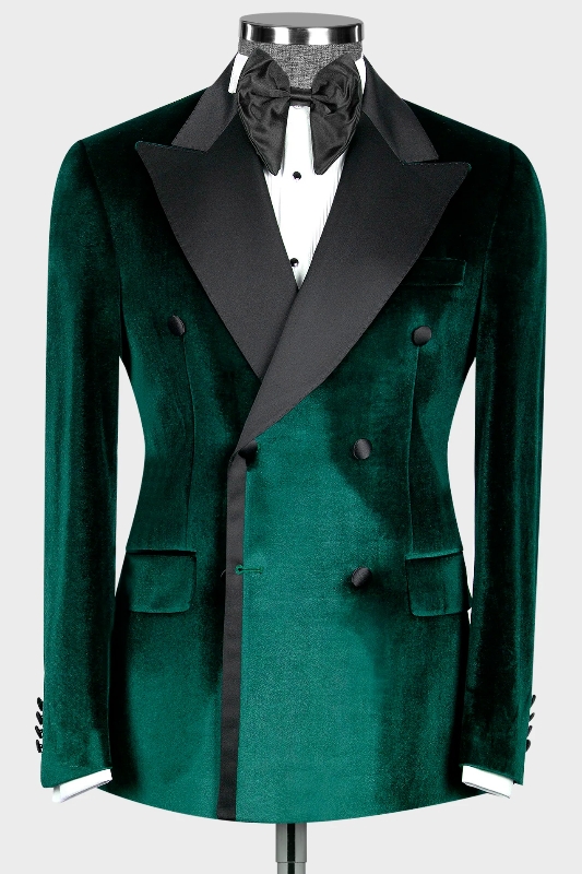 Modern Dark Green Peaked Lapel Double Breasted Velvet Prom Suits-BMbridal