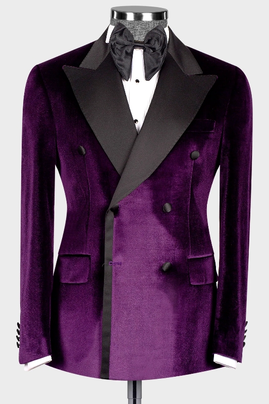 Handsome Grape Peaked Lapel Double Breasted Velvet Prom Suits-BMbridal