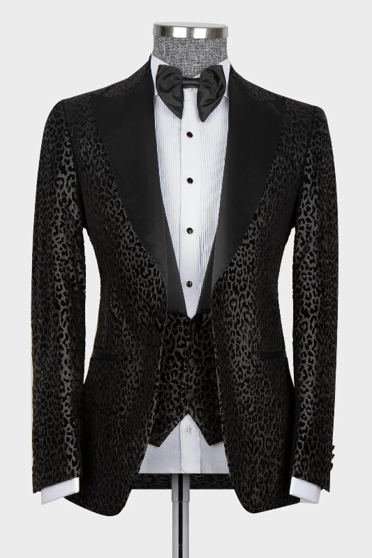 Classical Black Jacquard Peaked Lapel Three Pieces Prom Suits-BMbridal
