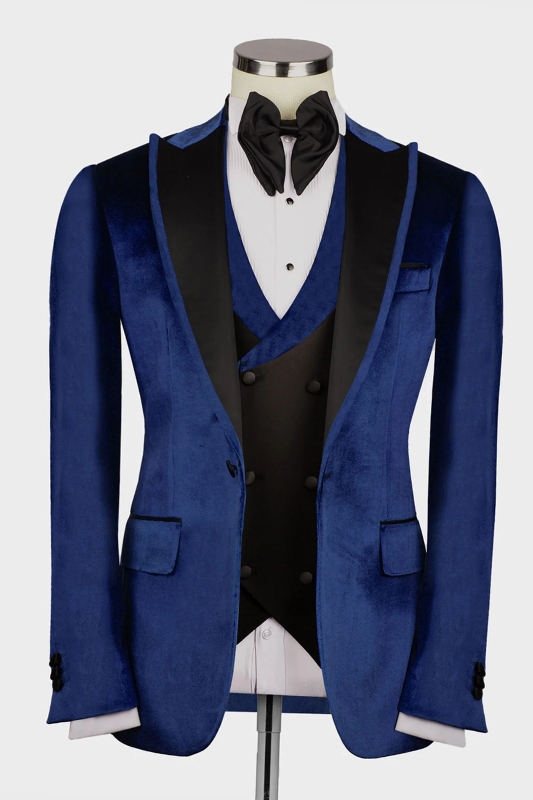Bespoke Navy Blue Peaked Lapel Three Pieces Velvet Prom Suits-BMbridal