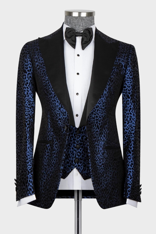 Fashion Navy Blue Jacquard Peaked Lapel Three Pieces Prom Suits-BMbridal