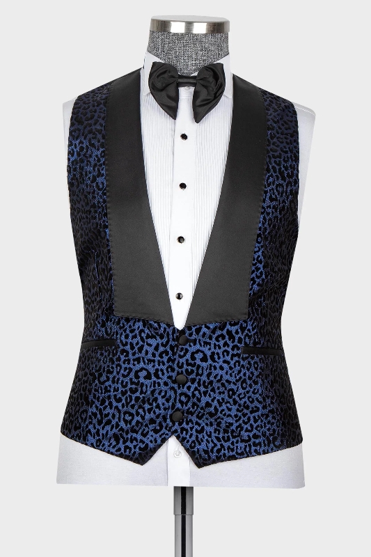 Fashion Navy Blue Jacquard Peaked Lapel Three Pieces Prom Suits-BMbridal