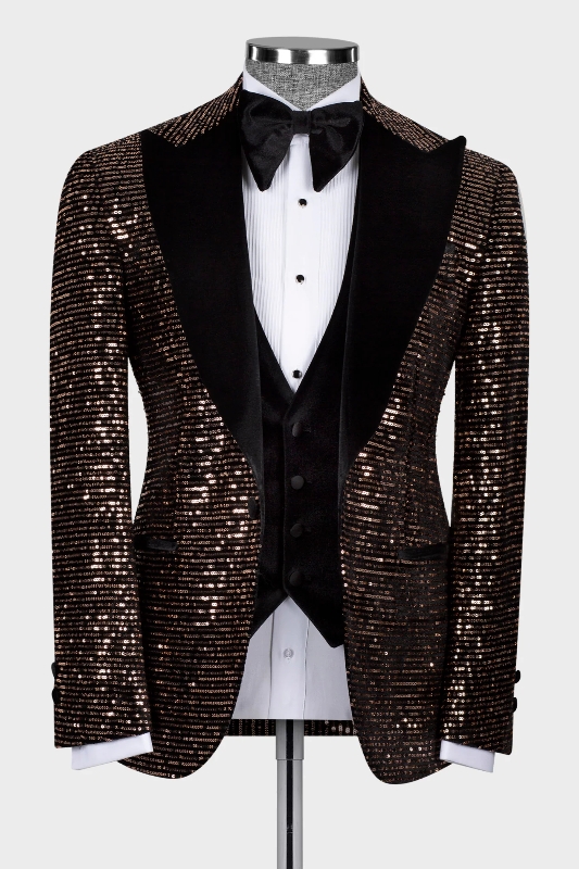 Fancy Brown Sequins Peaked Lapel Three Pieces Prom Suits-BMbridal