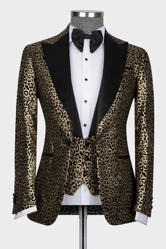 Chic Gold Jacquard Peaked Lapel Three Pieces Prom Suits-BMbridal
