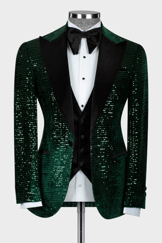 Decent Dark Green Peaked Lapel Three Pieces Sequins Prom Suits-BMbridal