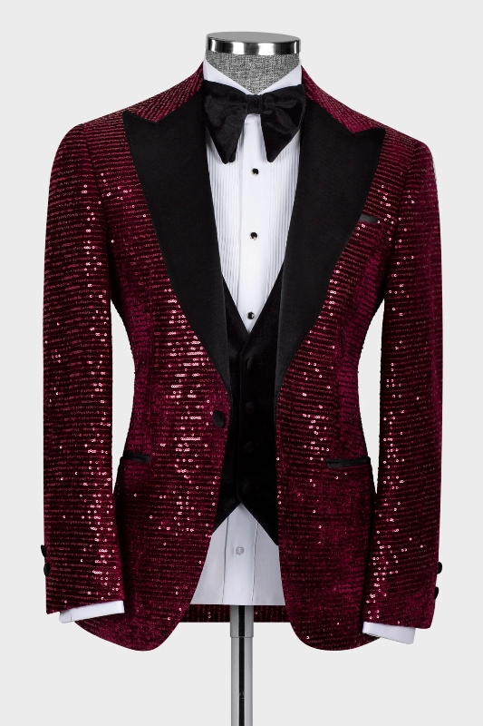 Generous Burgundy Peaked Lapel Three Pieces Sequins Prom Suits-BMbridal