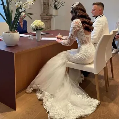 Vintage Long Lace Open Back Mermaid Wedding Dress with Sleeves