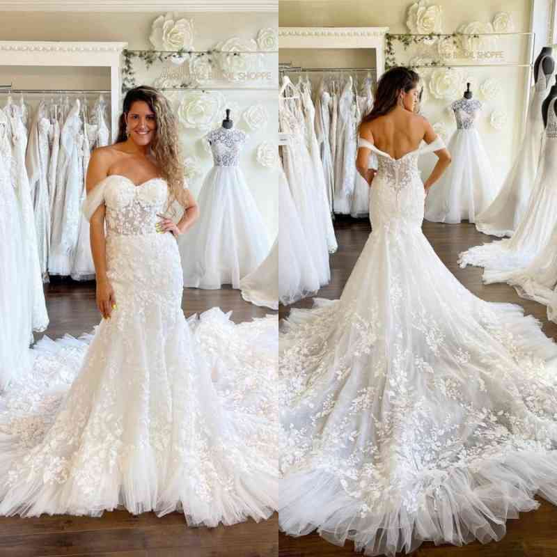 Bmbridal Off-the-Shoulder Mermaid Lace Wedding Dress Long-BMbridal