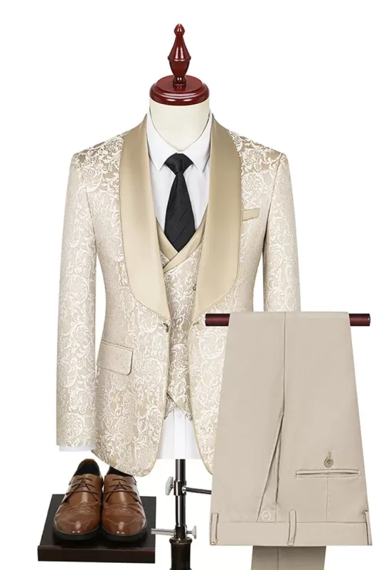 Chic Champagne Jacquard Shawl Lapel Three Pieces Wedding Suits-BMbridal
