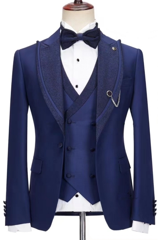 Arrival Navy Blue Jacquard Peaked Lapel Three Pieces Wedding Suits-BMbridal
