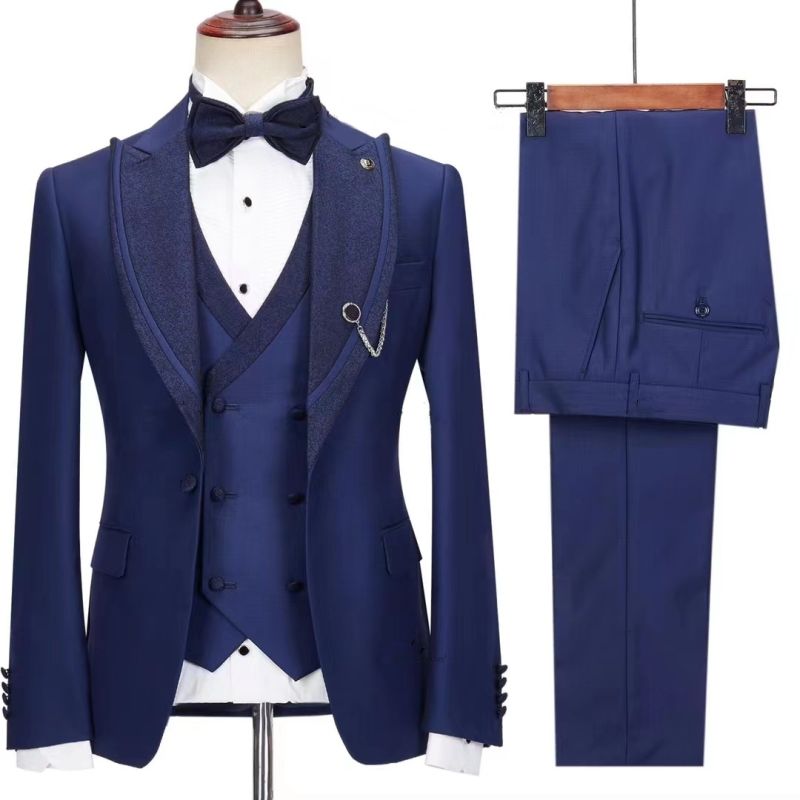 Arrival Navy Blue Jacquard Peaked Lapel Three Pieces Wedding Suits-BMbridal