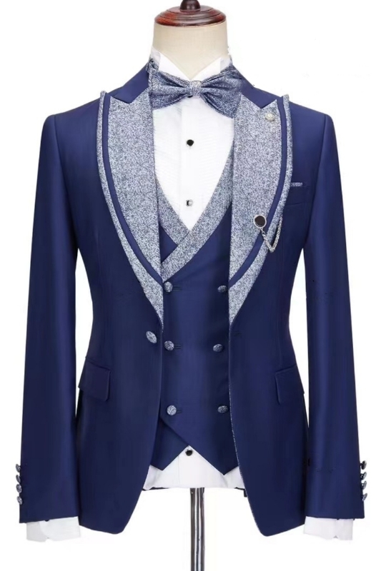 Dark Blue Bespoke Peaked Lapel Three Pieces Wedding Suits-BMbridal