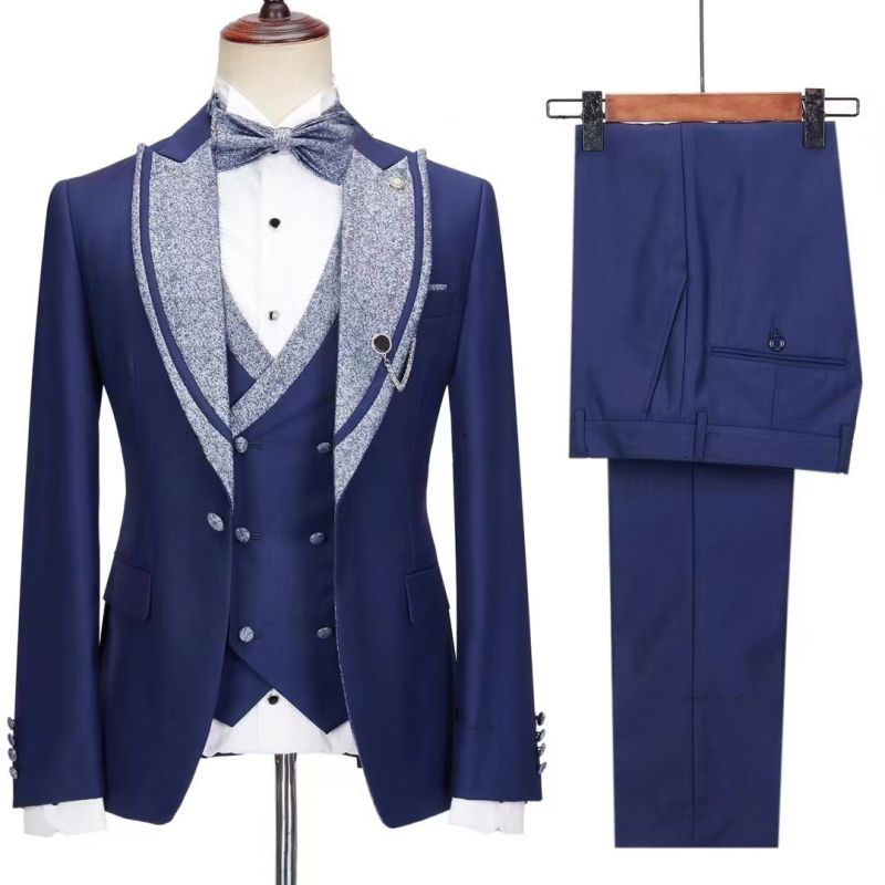 Dark Blue Bespoke Peaked Lapel Three Pieces Wedding Suits-BMbridal