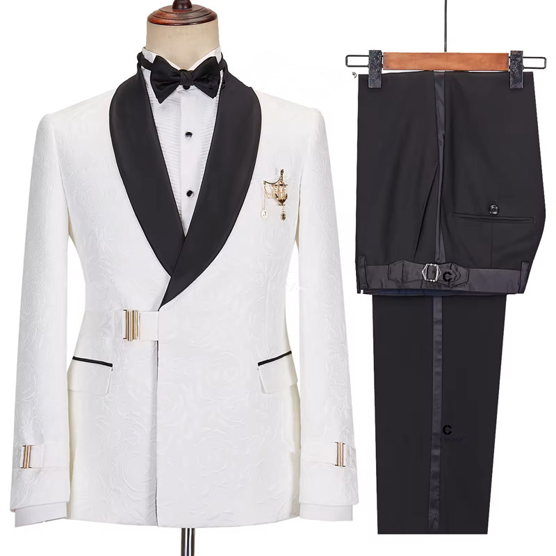 White Jacquard Shawl Lapel Wedding Suits with Gold Buckle-BMbridal