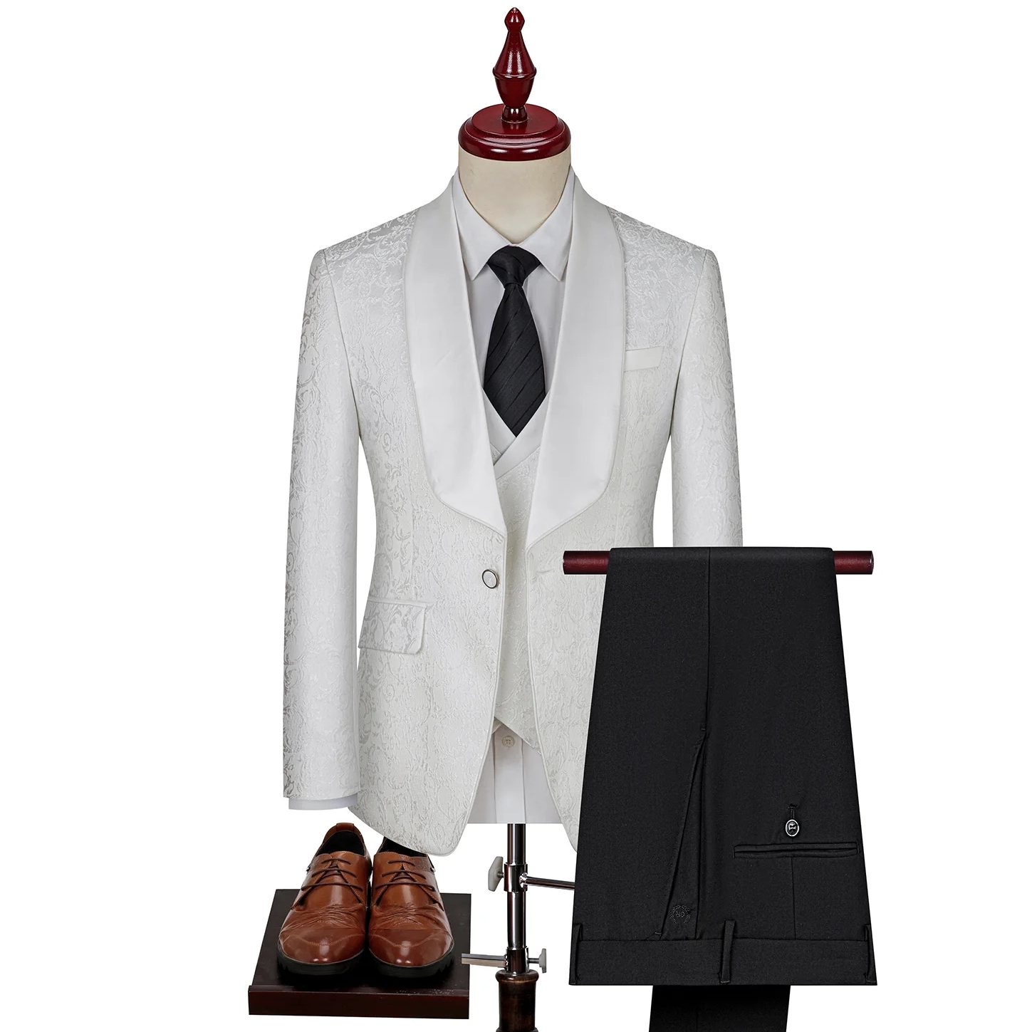White Jacquard Shawl Lapel Three Pieces Wedding Suits-BMbridal