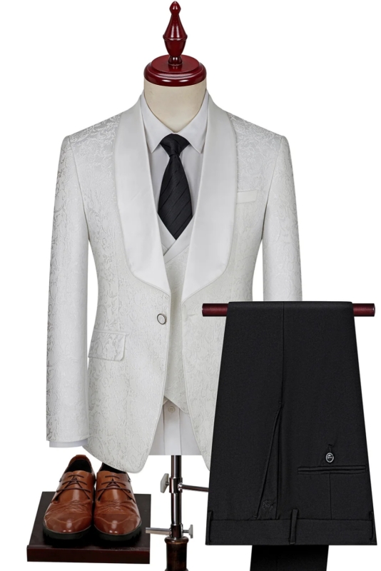 White Jacquard Shawl Lapel Three Pieces Wedding Suits-BMbridal